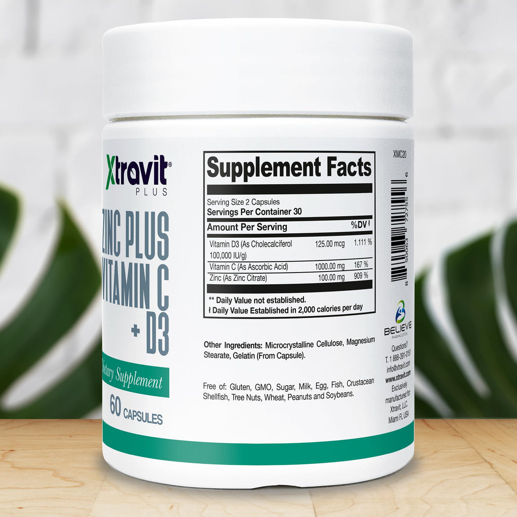 Xtravit Zinc Plus Vitamin C + D3 Supplement – Natural Immune Defense Supplements for Men & Women - May Support Skin, Energy, Bones, & Overall Wellness - Non-GMO, Gluten-Free, No Fillers, 60 Capsules - TrustMedUSA