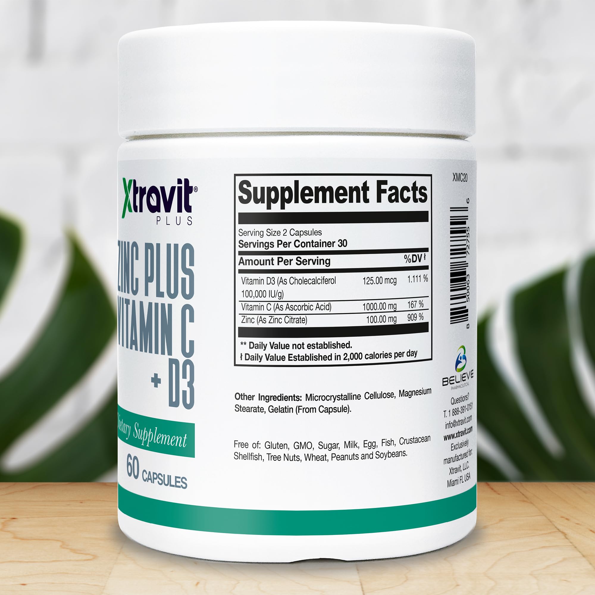 Xtravit Zinc Plus Vitamin C + D3 Supplement – Natural Immune Defense Supplements for Men & Women - May Support Skin, Energy, Bones, & Overall Wellness - Non-GMO, Gluten-Free, No Fillers, 60 Capsules - TrustMedUSA