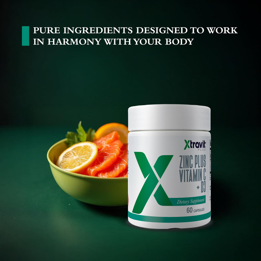 Xtravit Zinc Plus Vitamin C + D3 Supplement – Natural Immune Defense Supplements for Men & Women - May Support Skin, Energy, Bones, & Overall Wellness - Non-GMO, Gluten-Free, No Fillers, 60 Capsules - TrustMedUSA