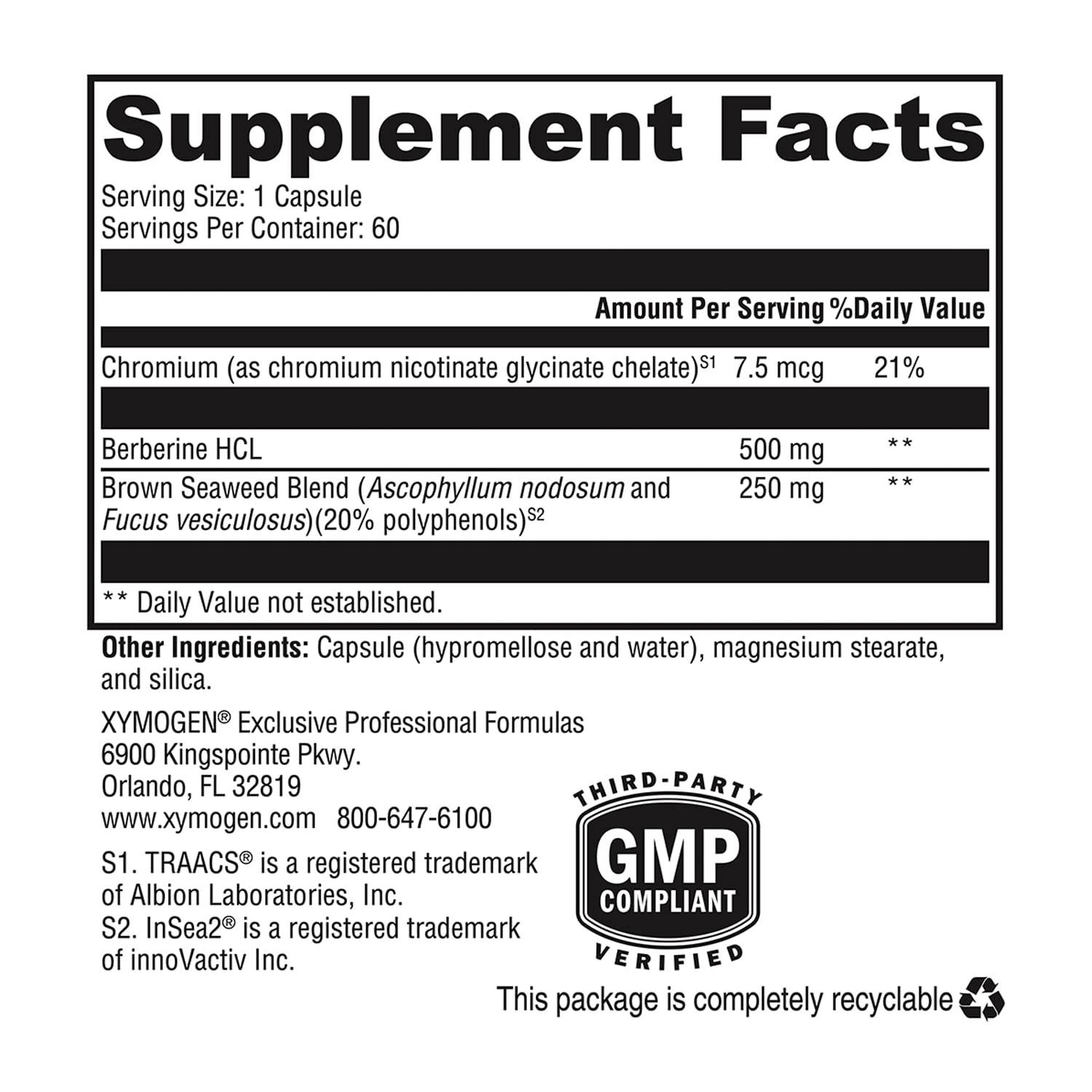 XYMOGEN Berberine with InSea2 - Blend of Polyphenols - Cellular Metabolic & Immune Support - Plant-Based, Gluten-Free & Non-GMO - 60 Capsules - TrustMedUSA