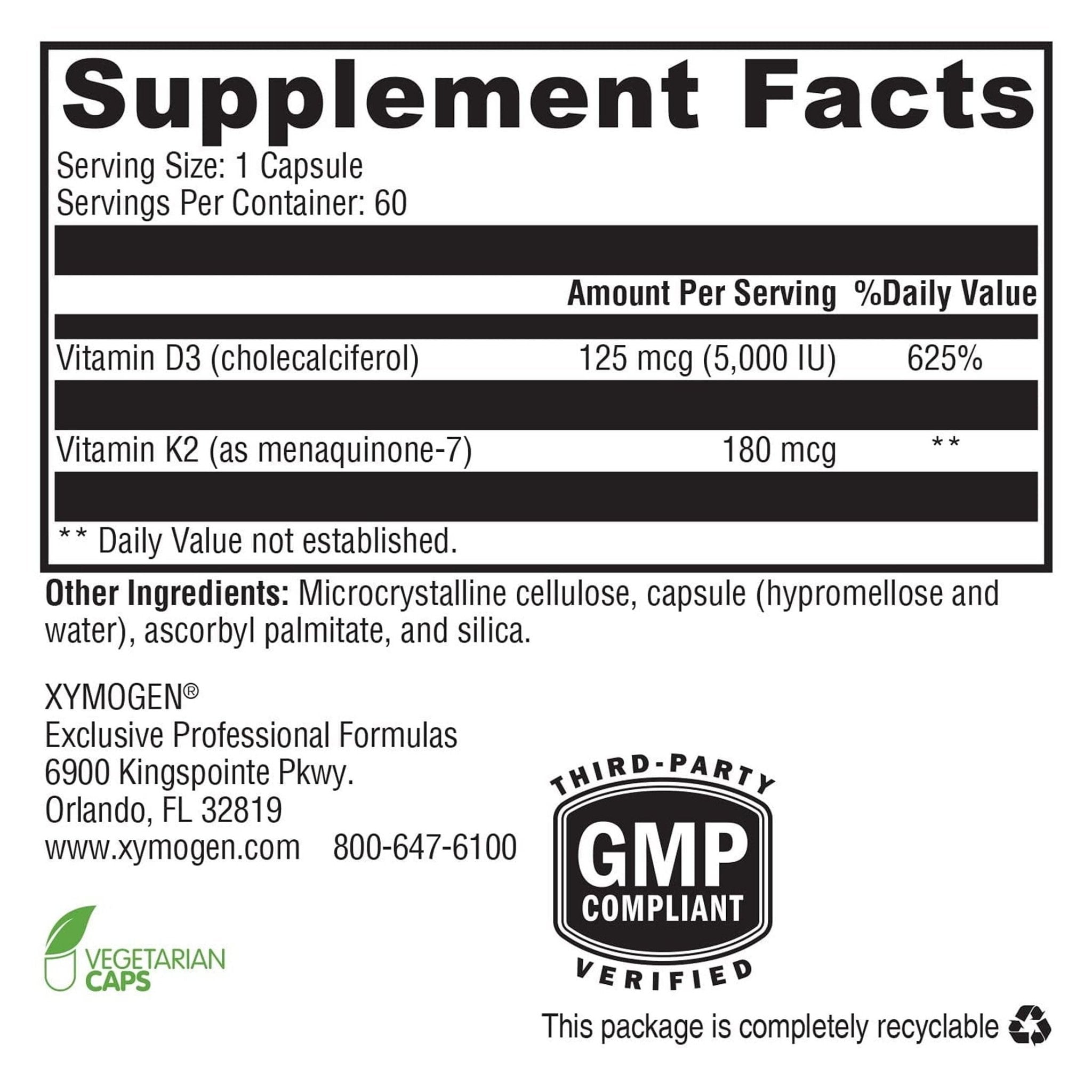 XYMOGEN K2-D3 Max - Vitamin D3 K2 Supplement for Bone & Immune Support* - High-Strength K2 MK-7 - Non-GMO, Gluten-Free, Vegetarian - 60 Capsules - Maple Wellness Supplements