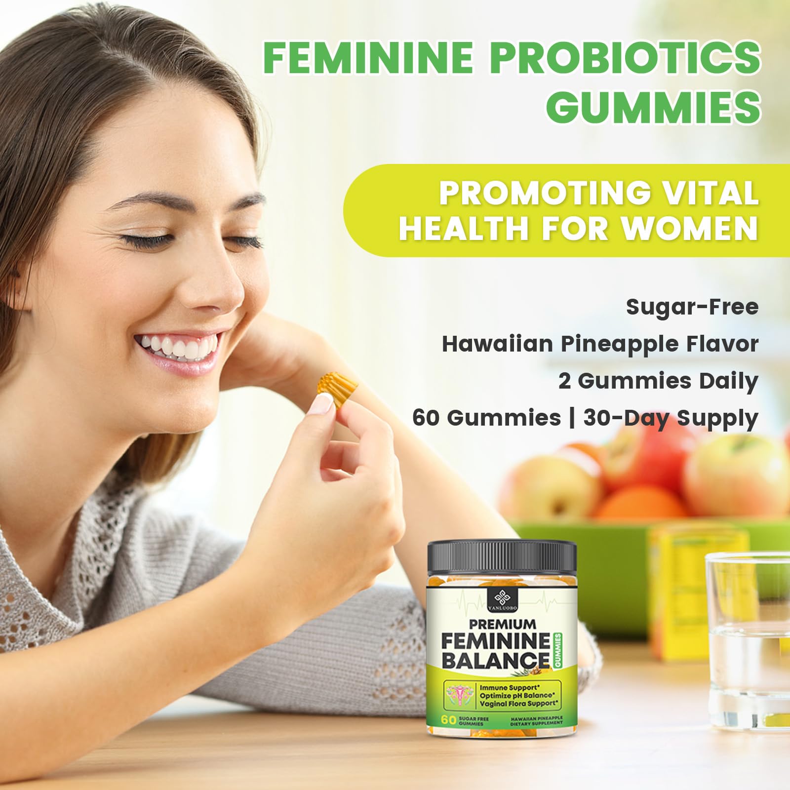 YANLUOBO Feminine Balance Probiotic Gummies - Women's Vaginal Health Support | PH Balance & Odor, Flora, Immune Support | Probiotics for Women, Vegan Pineapple Flavor, 60 Count - TrustMedUSA