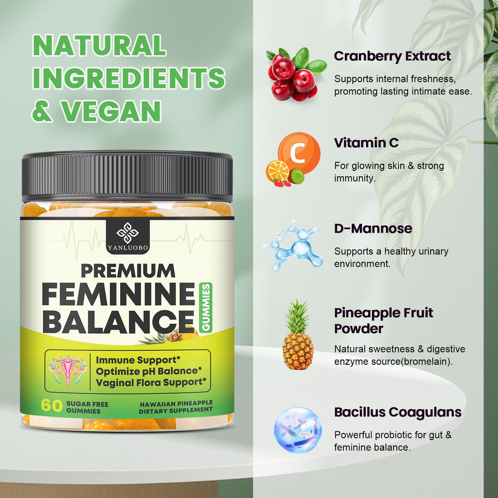 YANLUOBO Feminine Balance Probiotic Gummies - Women's Vaginal Health Support | PH Balance & Odor, Flora, Immune Support | Probiotics for Women, Vegan Pineapple Flavor, 60 Count - TrustMedUSA