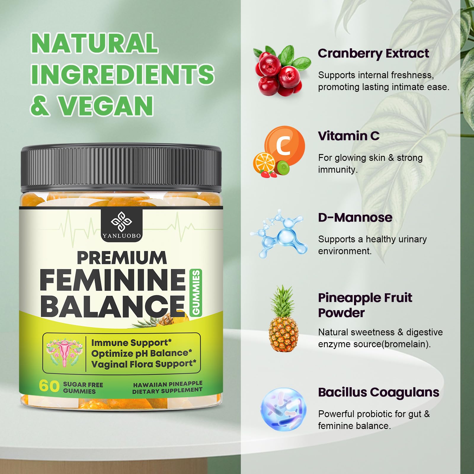 YANLUOBO Feminine Balance Probiotic Gummies - Women's Vaginal Health Support | PH Balance & Odor, Flora, Immune Support | Probiotics for Women, Vegan Pineapple Flavor, 60 Count - TrustMedUSA