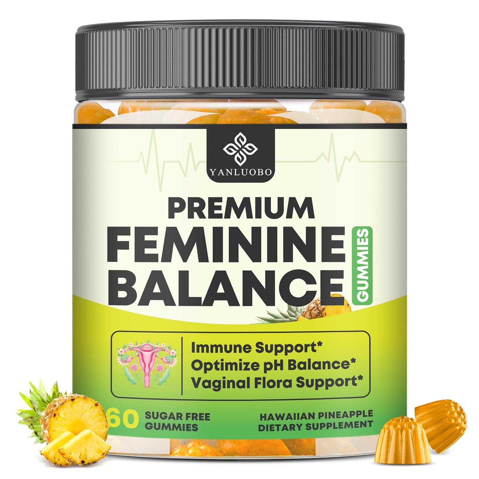 YANLUOBO Feminine Balance Probiotic Gummies - Women's Vaginal Health Support | PH Balance & Odor, Flora, Immune Support | Probiotics for Women, Vegan Pineapple Flavor, 60 Count - TrustMedUSA