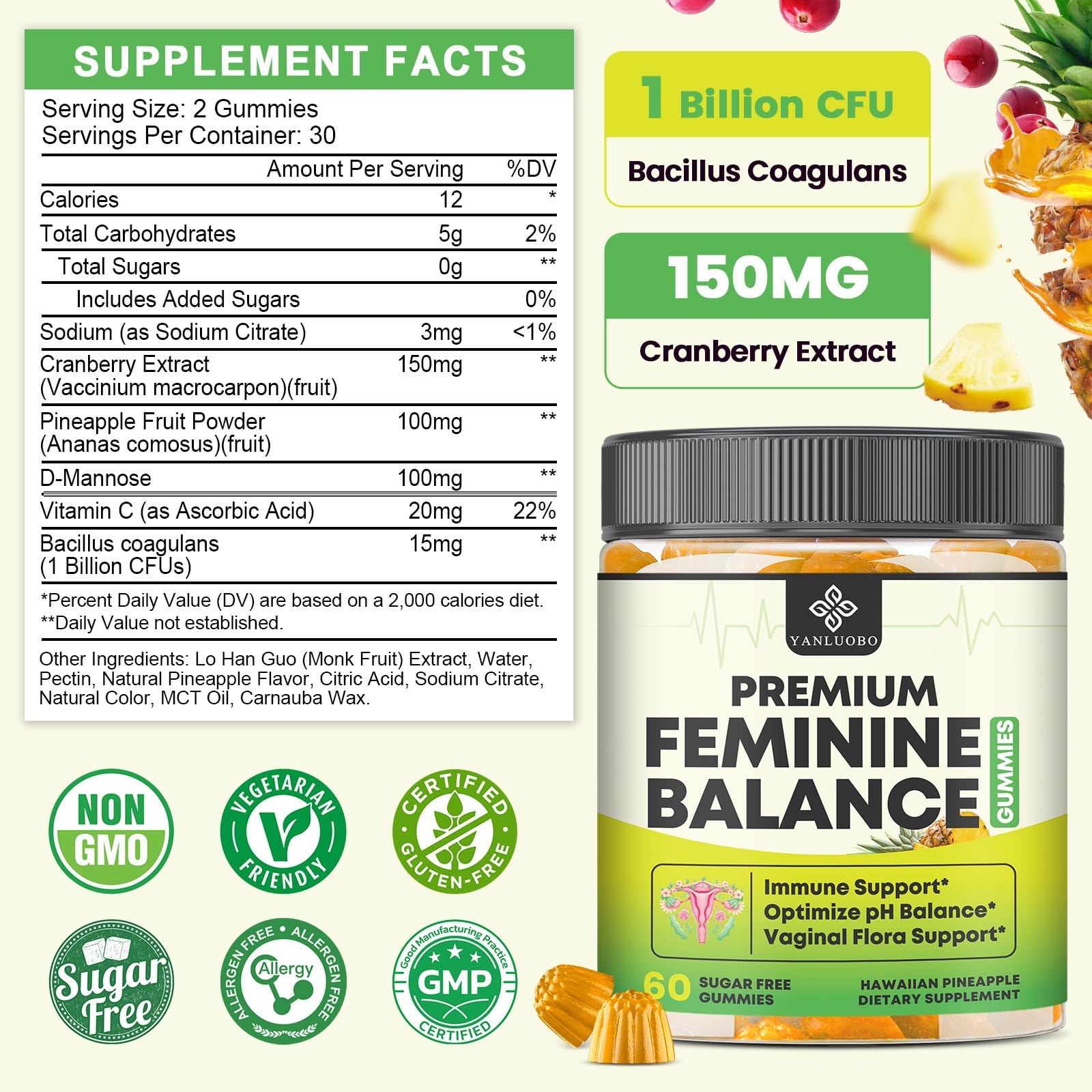 YANLUOBO Feminine Balance Probiotic Gummies - Women's Vaginal Health Support | PH Balance & Odor, Flora, Immune Support | Probiotics for Women, Vegan Pineapple Flavor, 60 Count - TrustMedUSA