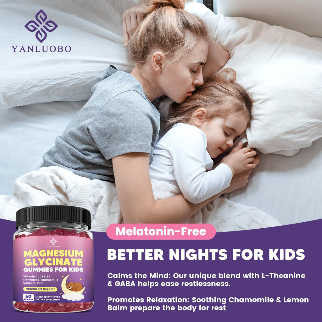 YANLUOBO Kids Magnesium Gummies, Magnesium Glycinate Gummies 400mg/200mg with L-Theanine, Chamomile, Vitamin B6, D3 for Kids, Relaxation & Zzz Support, - TrustMedUSA