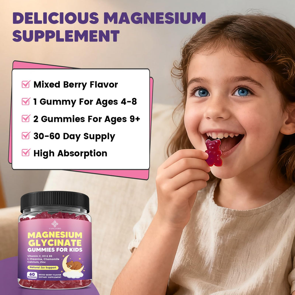 YANLUOBO Kids Magnesium Gummies, Magnesium Glycinate Gummies 400mg/200mg with L-Theanine, Chamomile, Vitamin B6, D3 for Kids, Relaxation & Zzz Support, - TrustMedUSA