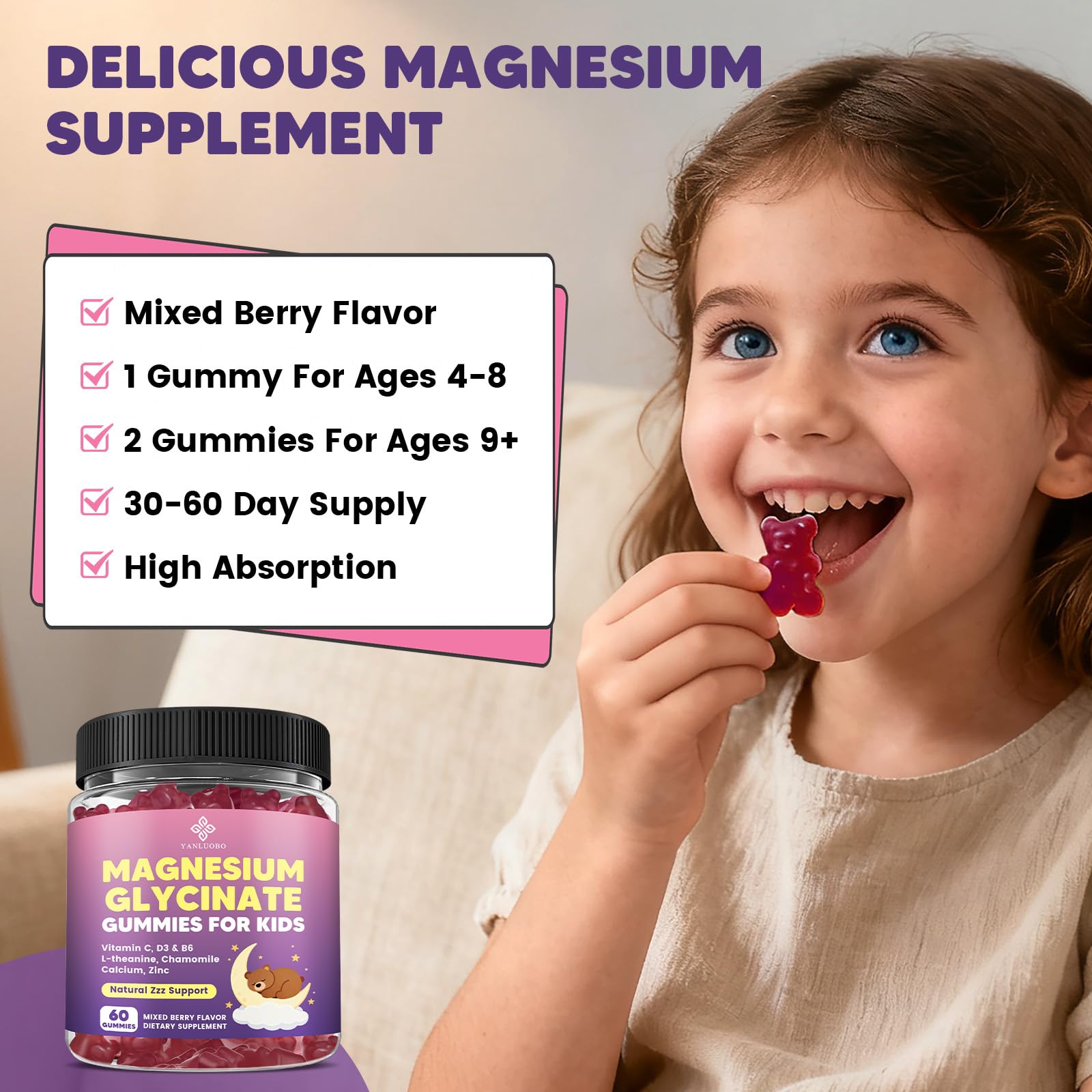 YANLUOBO Kids Magnesium Gummies, Magnesium Glycinate Gummies 400mg/200mg with L-Theanine, Chamomile, Vitamin B6, D3 for Kids, Relaxation & Zzz Support, - TrustMedUSA