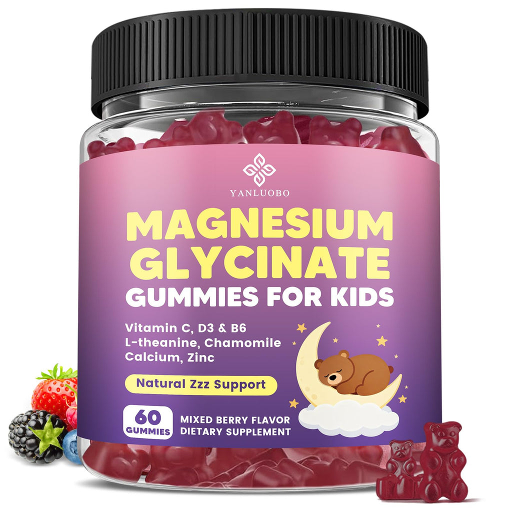 YANLUOBO Kids Magnesium Gummies, Magnesium Glycinate Gummies 400mg/200mg with L-Theanine, Chamomile, Vitamin B6, D3 for Kids, Relaxation & Zzz Support, - TrustMedUSA
