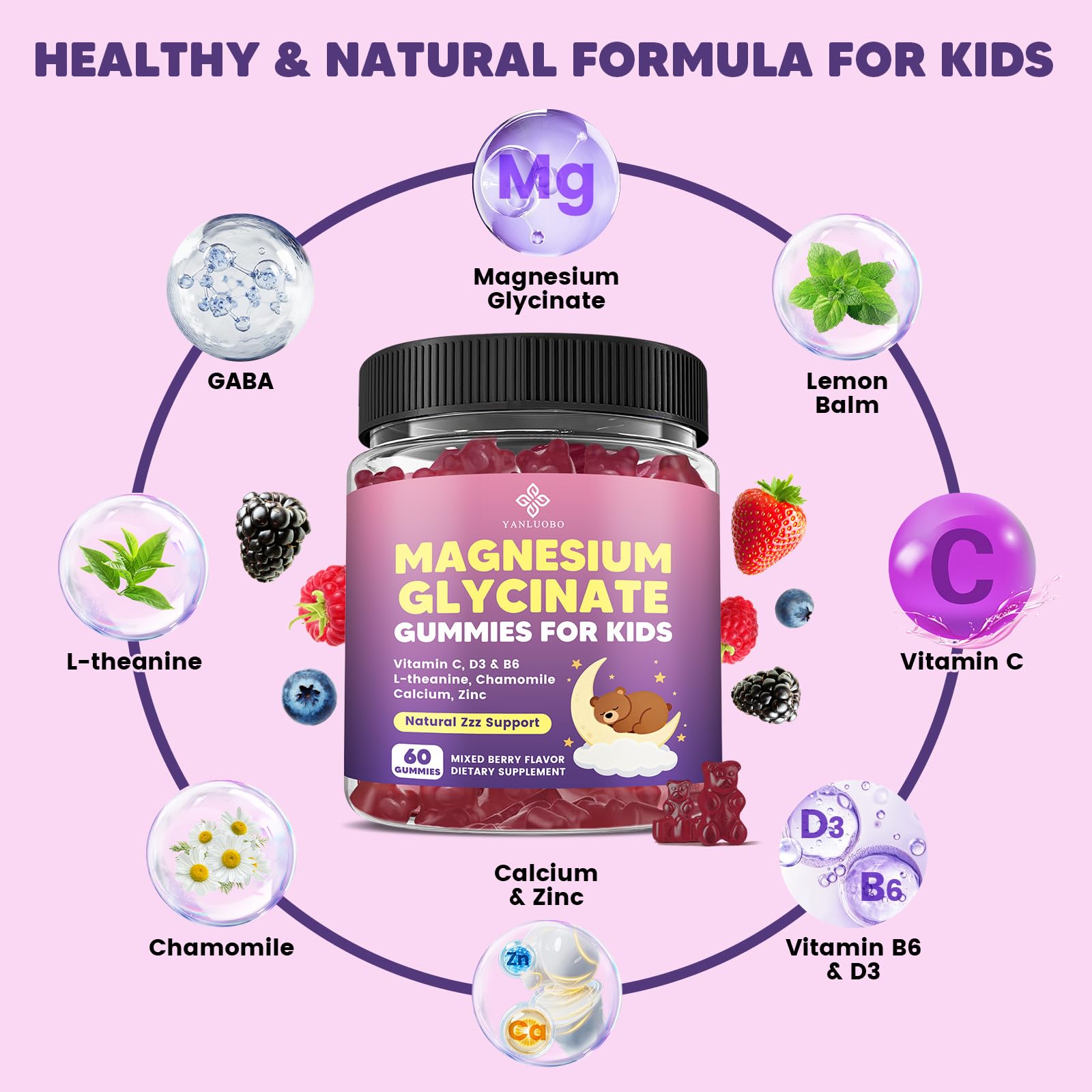 YANLUOBO Kids Magnesium Gummies, Magnesium Glycinate Gummies 400mg/200mg with L-Theanine, Chamomile, Vitamin B6, D3 for Kids, Relaxation & Zzz Support, - TrustMedUSA