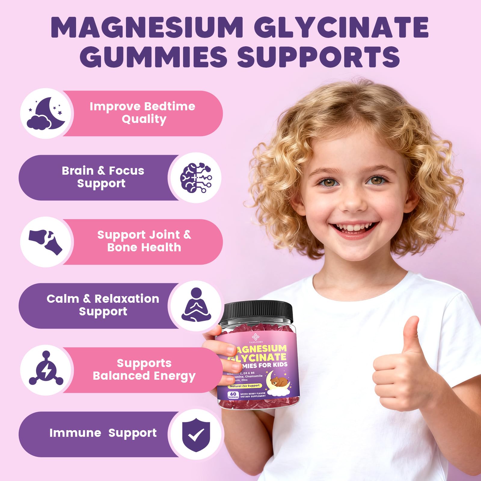 YANLUOBO Kids Magnesium Gummies, Magnesium Glycinate Gummies 400mg/200mg with L-Theanine, Chamomile, Vitamin B6, D3 for Kids, Relaxation & Zzz Support, - TrustMedUSA
