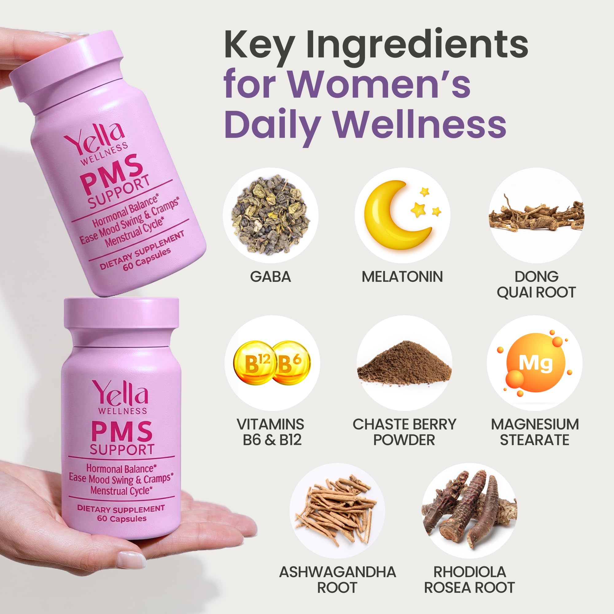 YELLA WELLNESS Hormone Balance for Women - PMS Support Supplement for Women w/Chaste Tree, Dong Quai and Ashwagandha- PMS and Menopause Relief for Bloating, Cramps and Mood Swings- (60ct) - TrustMedUSA