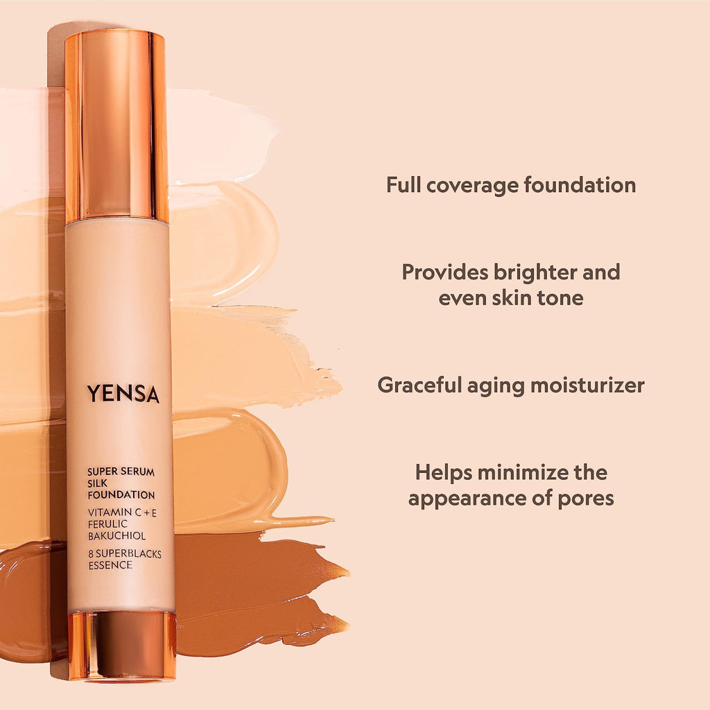 YENSA Serum Foundation Makeup - Super Silk Full Coverage Foundation Enriched with Peptides, Vitamin C & Ferulic Acid to Help Reduce Fine Lines, Wrinkles & Dark Circles - Light 1 (1 oz) - TrustMedUSA
