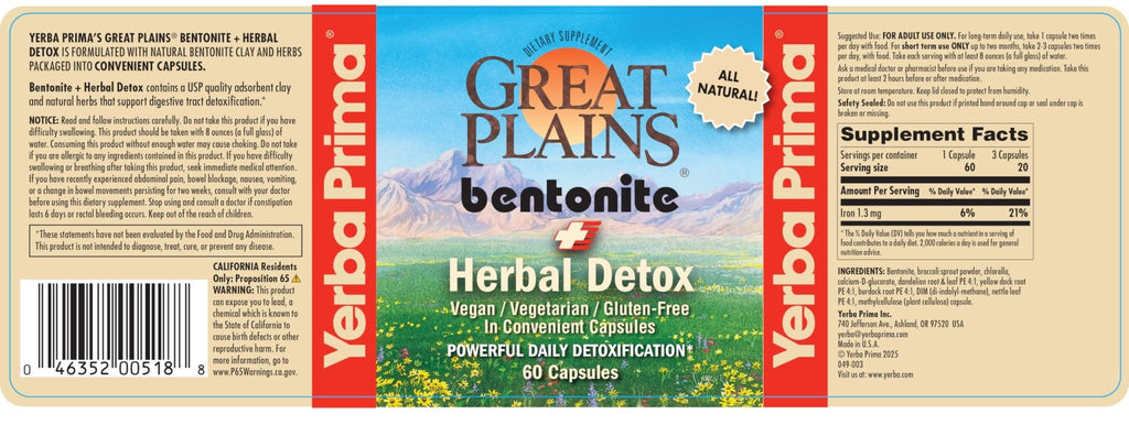 Yerba Prima Bentonite Clay Plus Herbal Detox - 60 Veggie Capsules - Natural Cleansing Supplement - TrustMedUSA