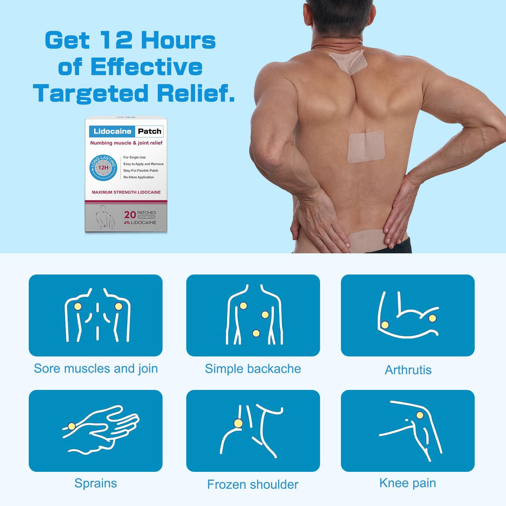 YOAPA 4% Lidocaine Pain Relief Patches | Maximum Strength Numbing Gel Patch for Back, Neck, Knee, Shoulder & Joint Pain | Up to 12 Hour Temporary Relief | 20 Count - G41 - TrustMedUSA