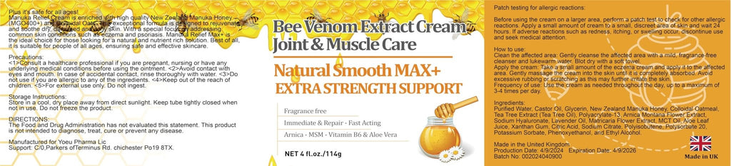 YOKOBBYES Pure Bee Venom Joint, Muscle & Bone Cream, Instant Relief, Back, Neck, Hand, Feet, Knee, Muscle, Shoulder, Ankle, Foot Discomfort, for Adults and The Elderly, - TrustMedUSA