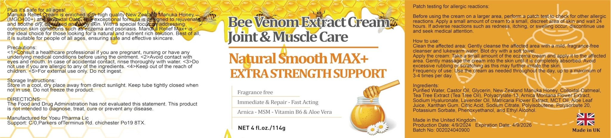 YOKOBBYES Pure Bee Venom Joint, Muscle & Bone Cream, Instant Relief, Back, Neck, Hand, Feet, Knee, Muscle, Shoulder, Ankle, Foot Discomfort, for Adults and The Elderly, - TrustMedUSA