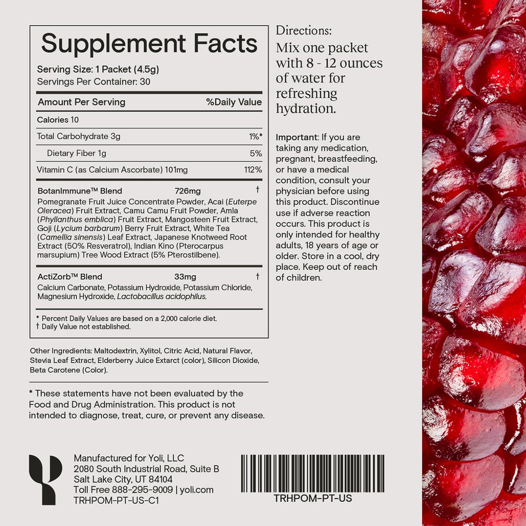 Yoli® Truth Antioxidant and Immune Support Supplement with Vitamin C, Botanicals, Superfruits, and Minerals - Pomegranate, 30 Packets - TrustMedUSA