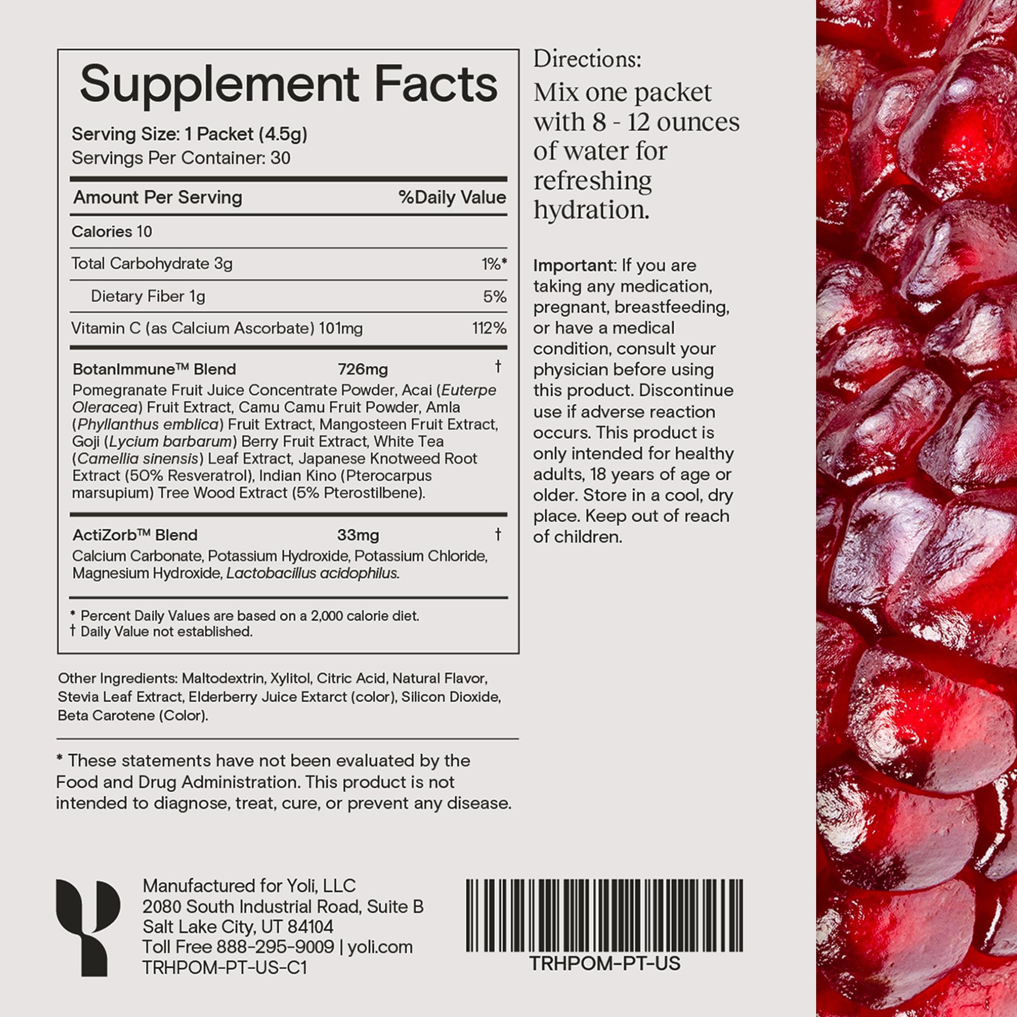 Yoli® Truth Antioxidant and Immune Support Supplement with Vitamin C, Botanicals, Superfruits, and Minerals - Pomegranate, 30 Packets - TrustMedUSA