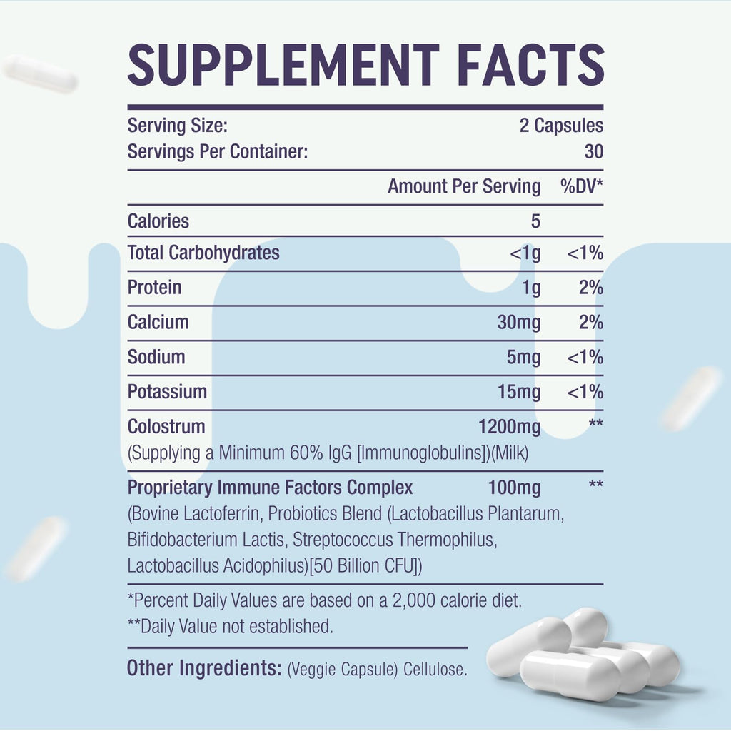 Yonrave Bovine Colostrum Capsules Supplement 1300mg - Extra High 60% IgG Bovine Colostrum - Gut, Bone, Exercise, Immune - 60 Capsules - TrustMedUSA