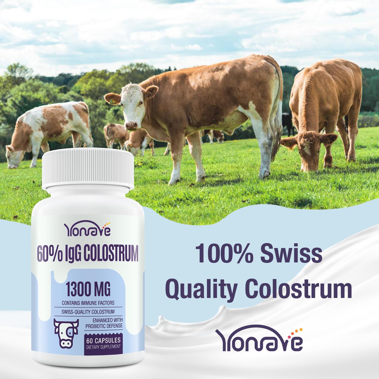 Yonrave Bovine Colostrum Capsules Supplement 1300mg - Extra High 60% IgG Bovine Colostrum - Gut, Bone, Exercise, Immune - 60 Capsules - TrustMedUSA