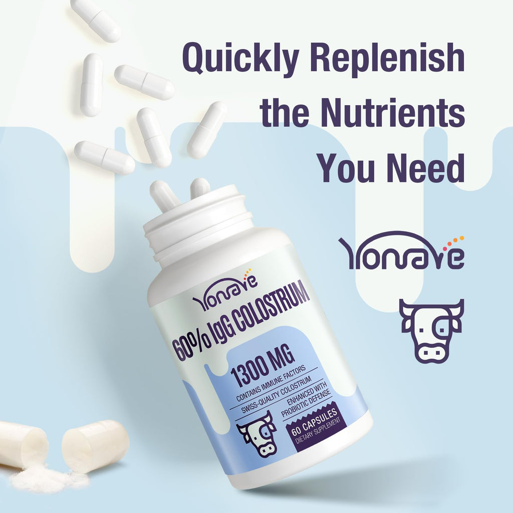 Yonrave Bovine Colostrum Capsules Supplement 1300mg - Extra High 60% IgG Bovine Colostrum - Gut, Bone, Exercise, Immune - 60 Capsules - TrustMedUSA