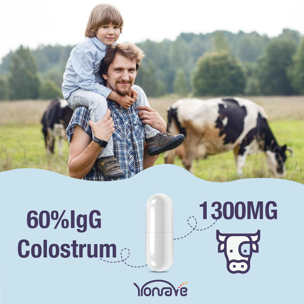 Yonrave Bovine Colostrum Capsules Supplement 1300mg - Extra High 60% IgG Bovine Colostrum - Gut, Bone, Exercise, Immune - 60 Capsules - TrustMedUSA