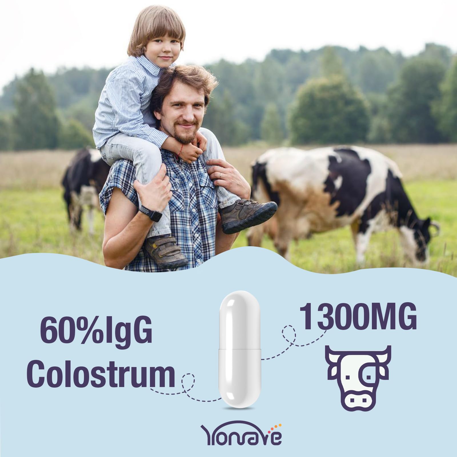 Yonrave Bovine Colostrum Capsules Supplement 1300mg - Extra High 60% IgG Bovine Colostrum - Gut, Bone, Exercise, Immune - 60 Capsules - TrustMedUSA
