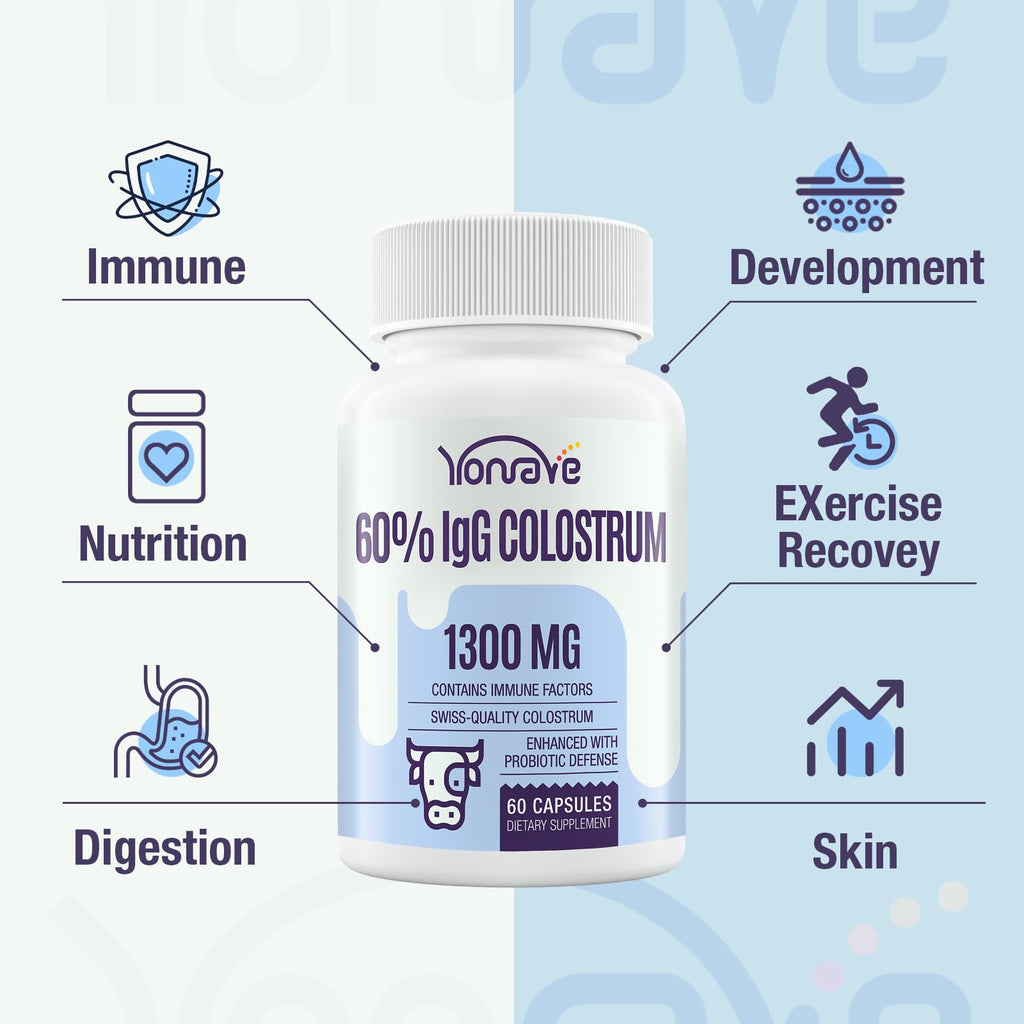 Yonrave Bovine Colostrum Capsules Supplement 1300mg - Extra High 60% IgG Bovine Colostrum - Gut, Bone, Exercise, Immune - 60 Capsules - TrustMedUSA