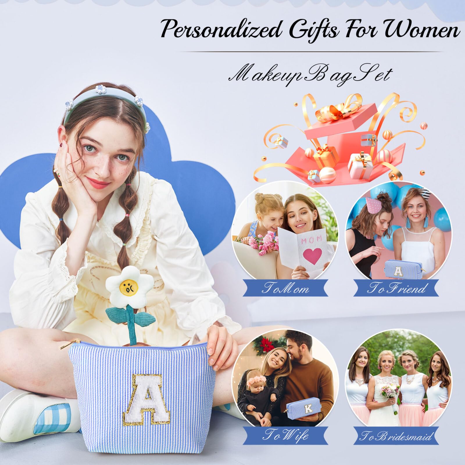 YOOLIFE Birthday Gifts for Teen Girls Kids Initial Makeup Bag | Teen Girl Gift Trendy Stuff | Travel Makeup Bag Toiletry Bags | Gifts for 3 4 5 6 7 8 9 10 11 12 13 Year Old Girl Blue K - TrustMedUSA