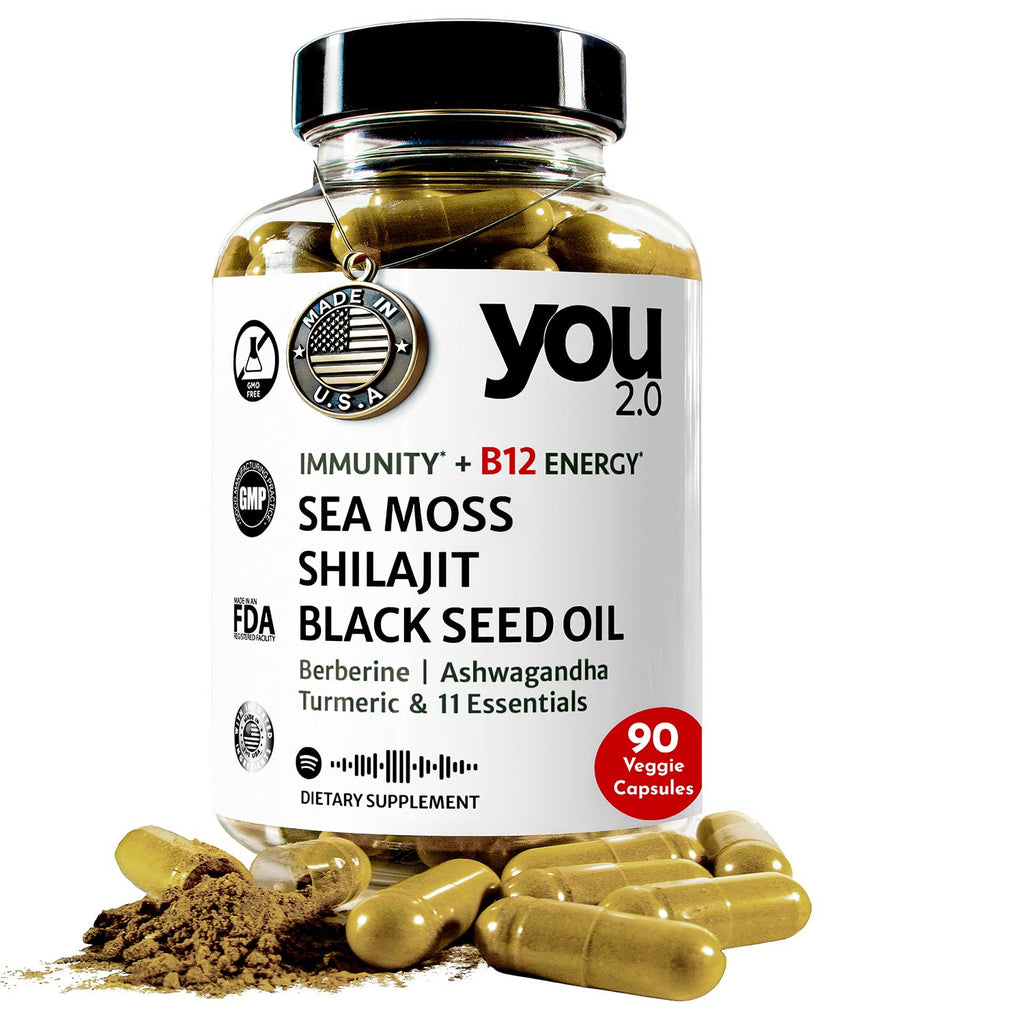 YOU 2.0 Powerhouse Superfood with Seamoss, Shilajit, Ashwagandha, Berberine, Maca, Black Seed Oil, Turmeric, Vitamin C, D, B12, K2 - Moringa, Apple Cider, Made in USA for Overall Health & Immunity - TrustMedUSA