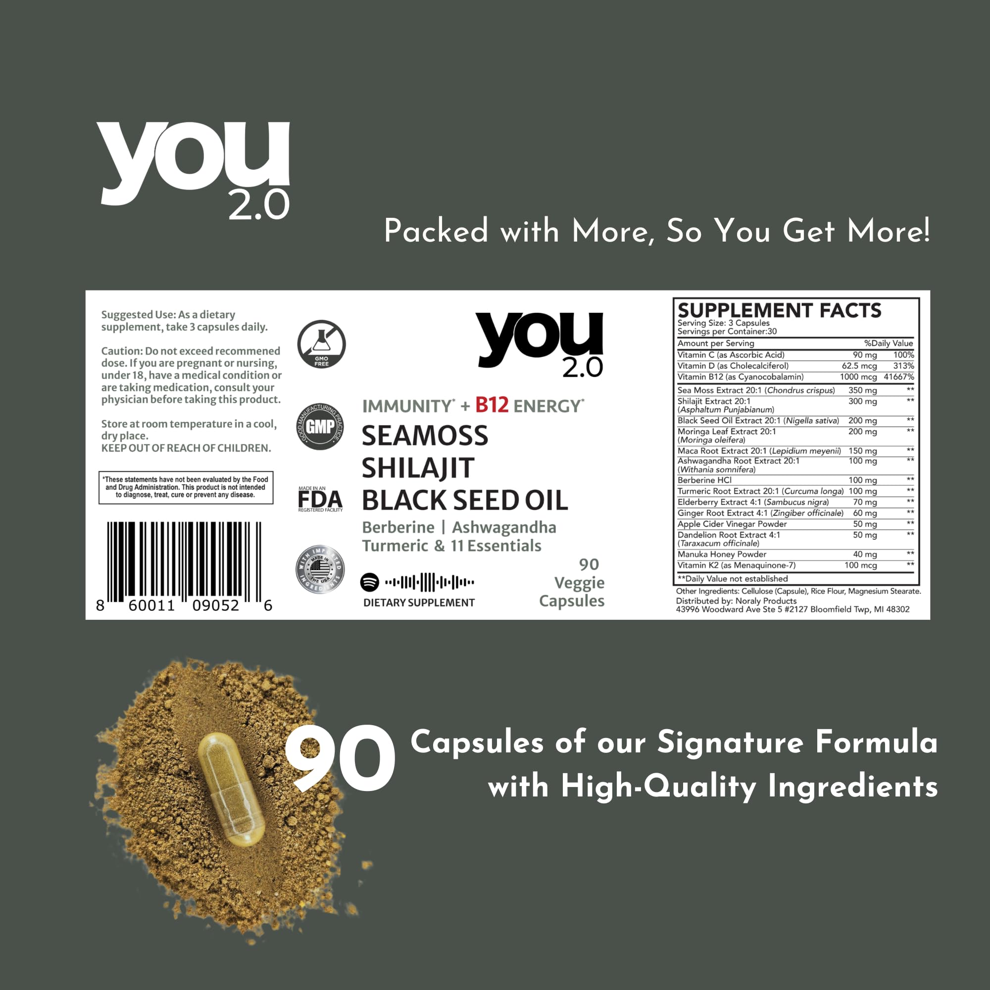 YOU 2.0 Powerhouse Superfood with Seamoss, Shilajit, Ashwagandha, Berberine, Maca, Black Seed Oil, Turmeric, Vitamin C, D, B12, K2 - Moringa, Apple Cider, Made in USA for Overall Health & Immunity - TrustMedUSA