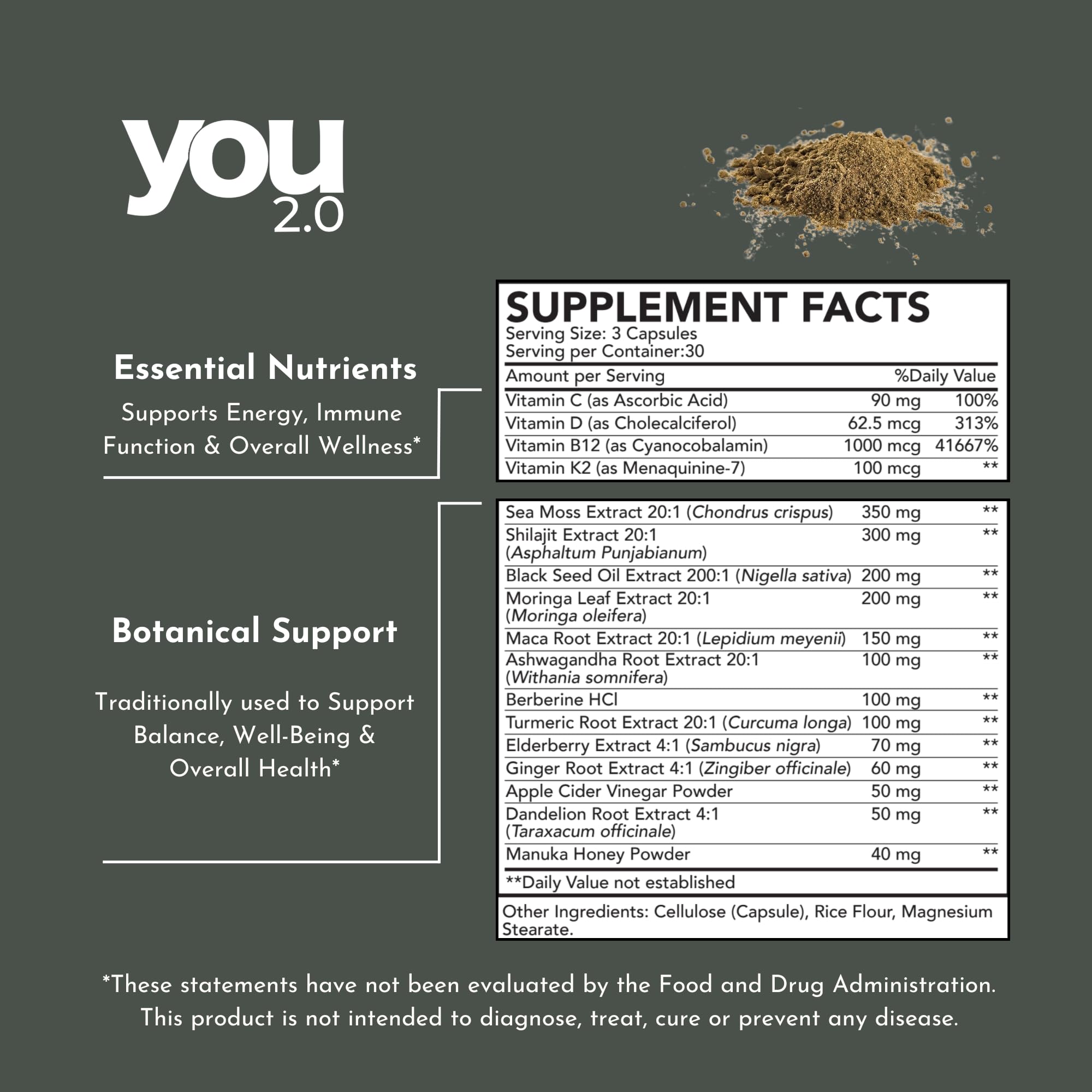 YOU 2.0 Powerhouse Superfood with Seamoss, Shilajit, Ashwagandha, Berberine, Maca, Black Seed Oil, Turmeric, Vitamin C, D, B12, K2 - Moringa, Apple Cider, Made in USA for Overall Health & Immunity - TrustMedUSA