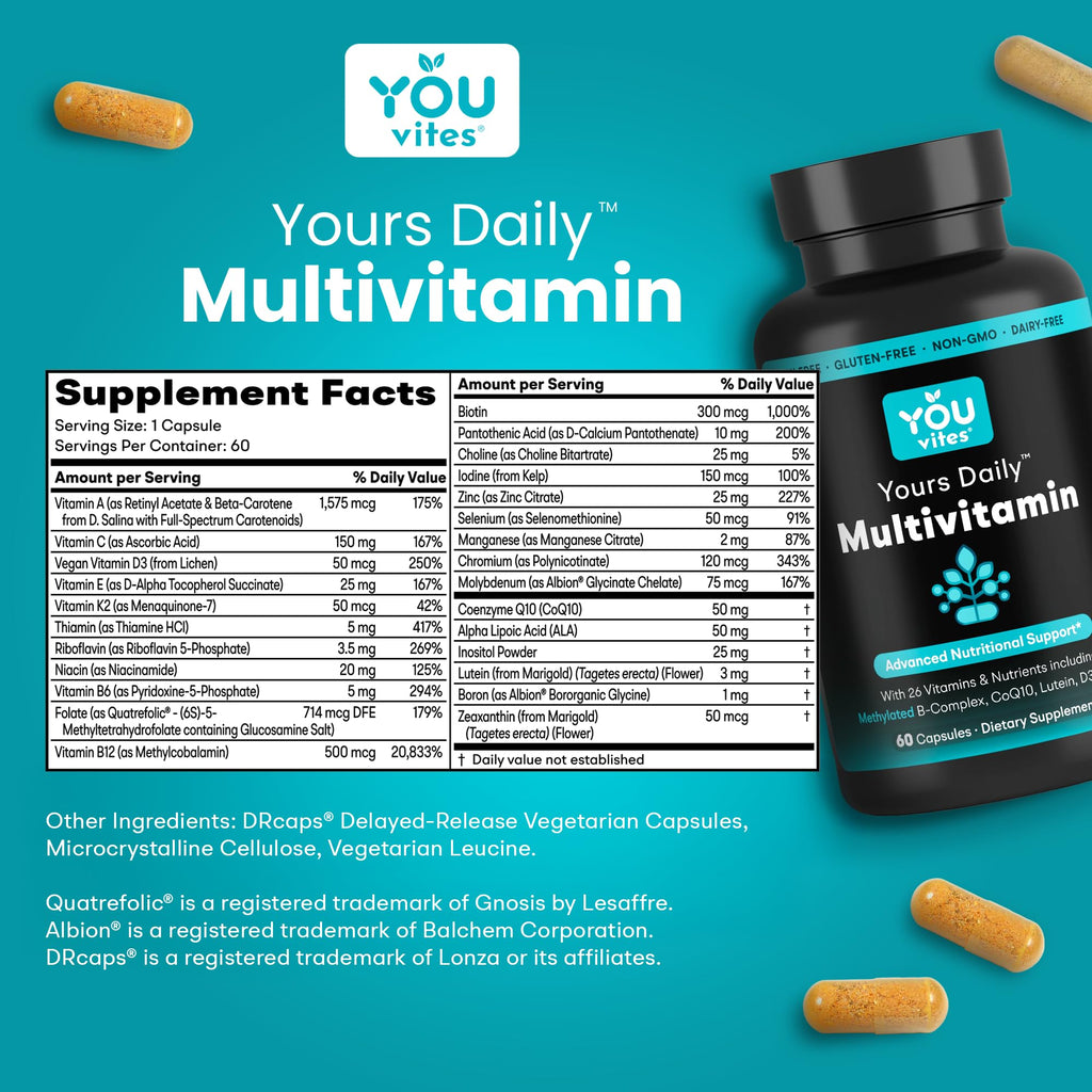 You Vites - Methylated Multivitamin for Men and Women, Methyl Multi Without Iron - 60 Capsules, MTHFR Supplement with Methyl B12, Methylfolate (5-MTHF), CoQ10 for Energy, Heart and Mood Support - TrustMedUSA