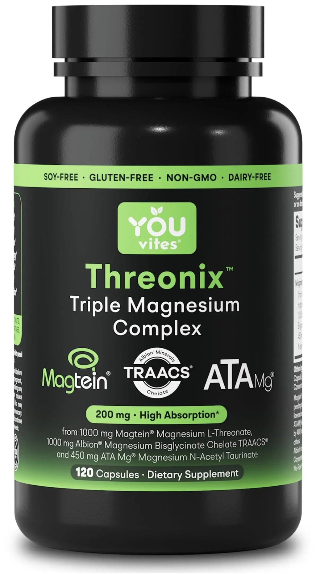 You Vites Threonix Triple Magnesium Complex - Magtein L-Threonate, Bisglycinate Chelate TRAACS & ATA Mg - Brain, Sleep, Mood & Focus Support - High Absorption, Gentle on Stomach - 120 Capsules - TrustMedUSA