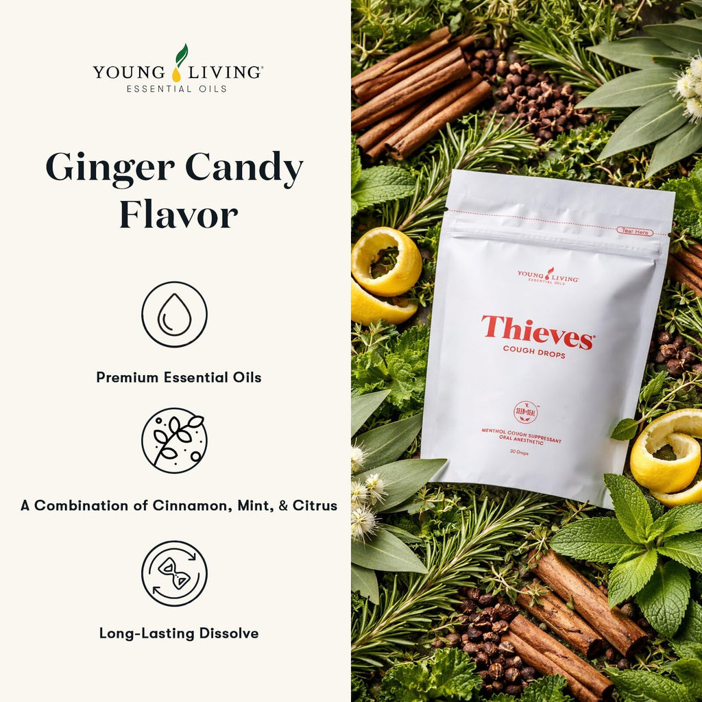 Young Living Thieves Cough Drops | 30 ct | Cinnamon & Menthol Flavor | with Thieves Essential Oil Blend of Lemon, Clove, Eucalyptus, Rosemary, & Peppermint | Sugar Free | Cooling Throat Comfort - Maple Wellness Supplements