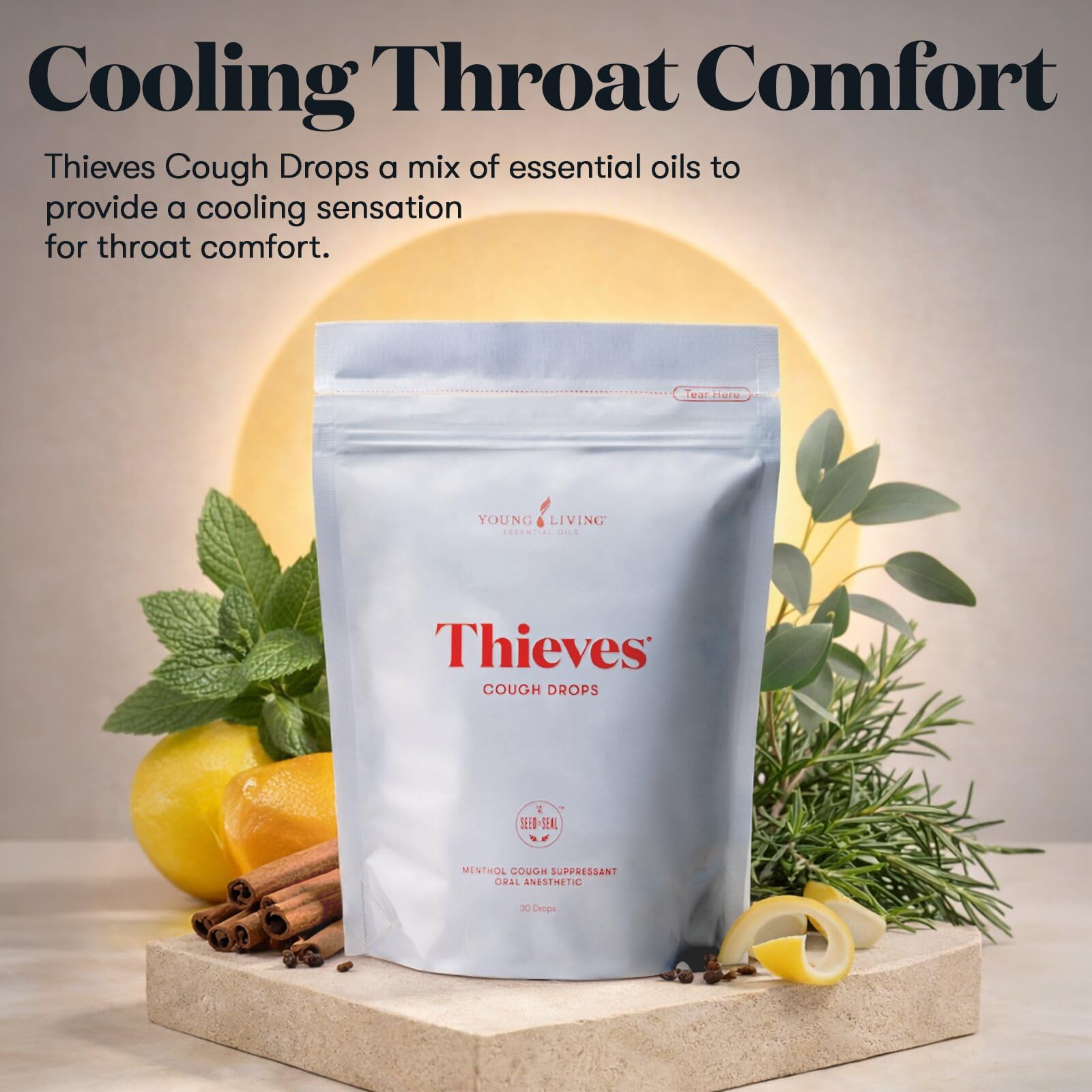 Young Living Thieves Cough Drops | 30 ct | Cinnamon & Menthol Flavor | with Thieves Essential Oil Blend of Lemon, Clove, Eucalyptus, Rosemary, & Peppermint | Sugar Free | Cooling Throat Comfort - Maple Wellness Supplements