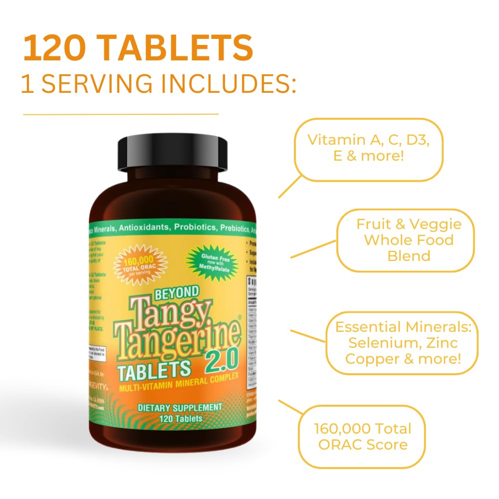 Youngevity Beyond Tangy Tangerine 2.0 Multi-Vitamin & Mineral Complex - Made with Natural & Whole Foods | 160,000 ORAC | 120 Tablets | 1 Bottle - TrustMedUSA