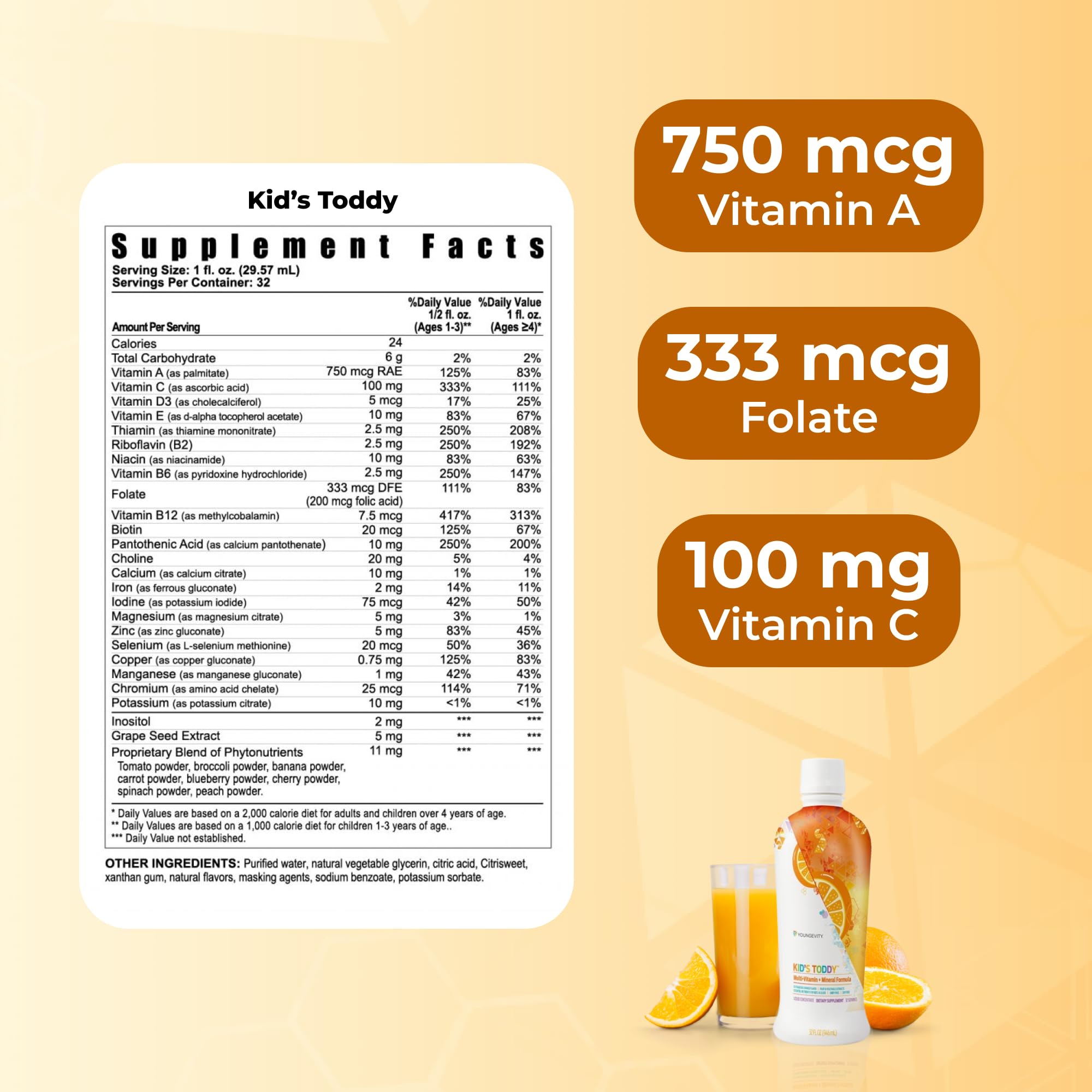 Youngevity Kid's Toddy™ - Mega Multivitamin for Kids & Children Age 2+ - 14 Vitamins, 10 Minerals, Phytonutrient Blend - Highly Absorbable - Great Tasting Orange 32 Fl Oz (Pack of 2) - TrustMedUSA