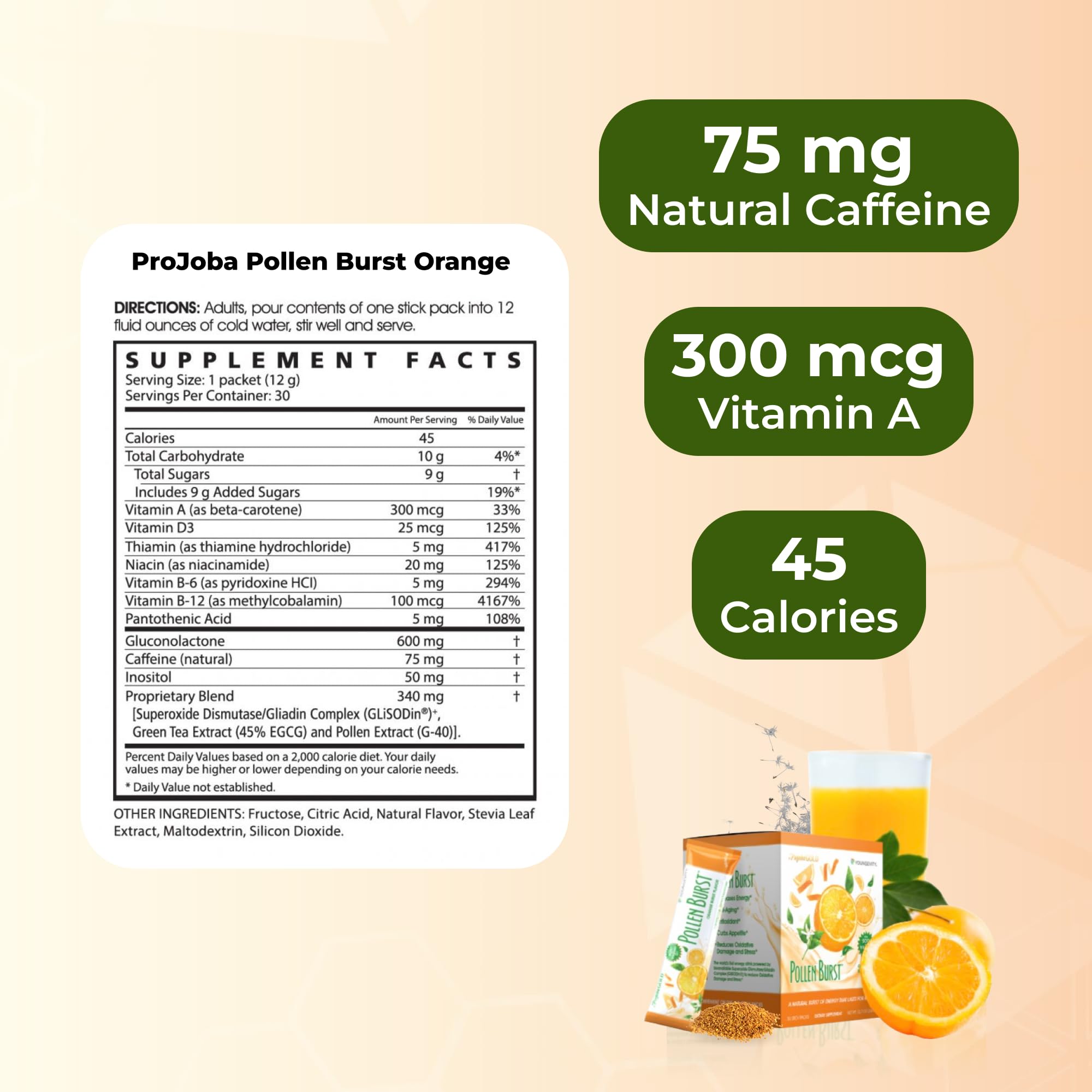 Youngevity ProJoba Pollen Burst™ - Clean Natural Energy Supplement w/Green Tea, Pollen Extract, GliSODin® - Increase Focus, Brain Boost, Endurance, Mental Clarity (30 Sticks) - TrustMedUSA