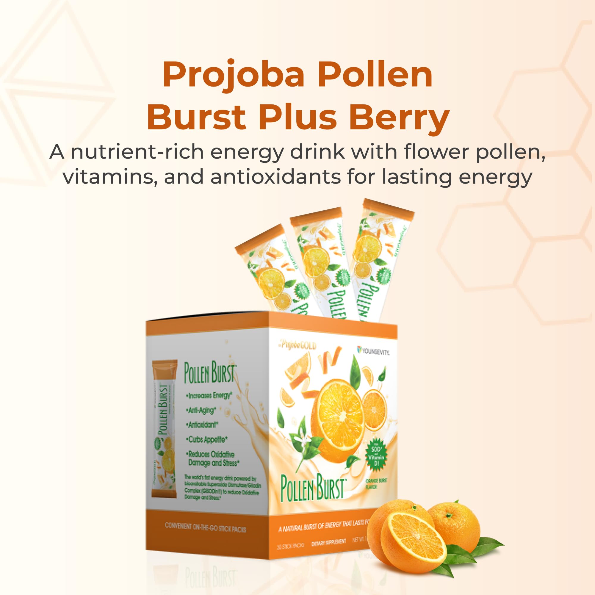 Youngevity ProJoba Pollen Burst™ - Clean Natural Energy Supplement w/Green Tea, Pollen Extract, GliSODin® - Increase Focus, Brain Boost, Endurance, Mental Clarity (30 Sticks) - TrustMedUSA