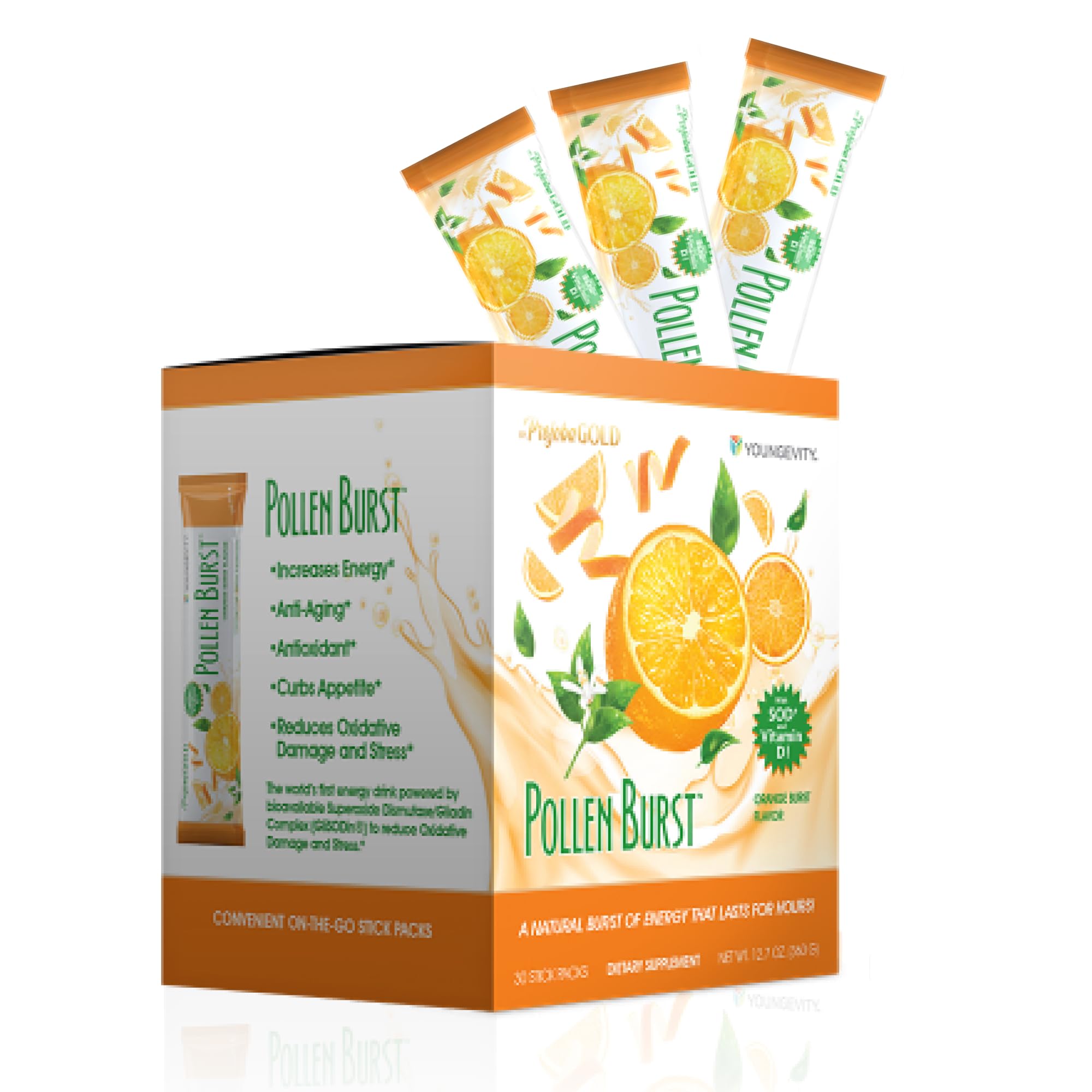 Youngevity ProJoba Pollen Burst™ - Clean Natural Energy Supplement w/Green Tea, Pollen Extract, GliSODin® - Increase Focus, Brain Boost, Endurance, Mental Clarity (30 Sticks) - TrustMedUSA
