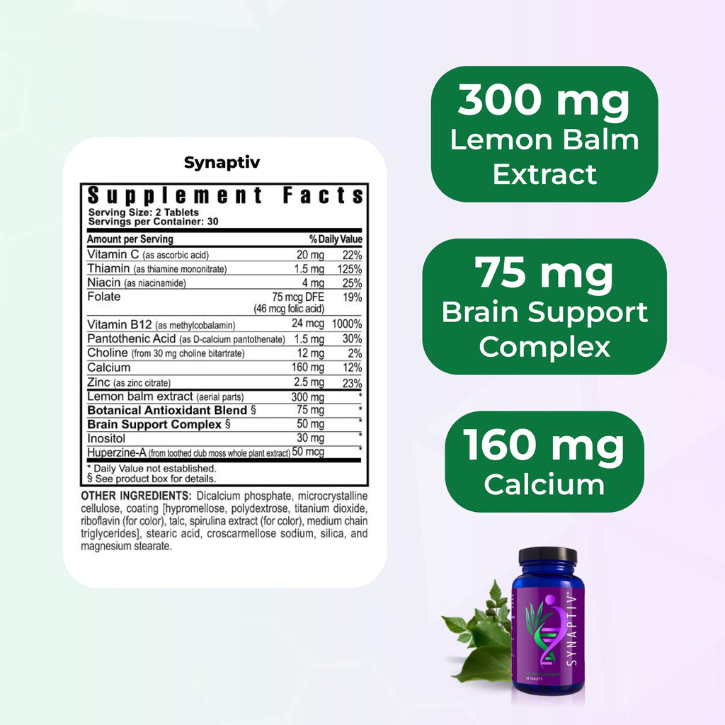Youngevity Synaptiv™ Brain Support - 12in1 - Ginkgo, Huperzine, Bacopa, Quercetin and More - with Potent Antioxidant Blend + Vitamins - 60 Tablets (Pack of 1) - TrustMedUSA