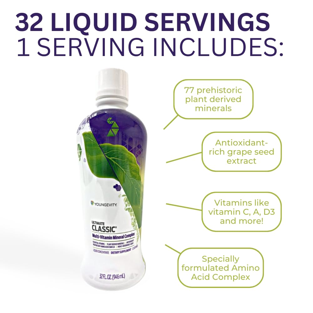 Youngevity Ultimate Classic® - Mega Multi-Vitamin & Mineral Complex - 16 Vitamins, 70+ Minerals, 12+ Amino Acids, Grape Seed, CoQ10, and More - Highly Absorbable Liquid (32 Fl Oz - Pack of 1) - TrustMedUSA