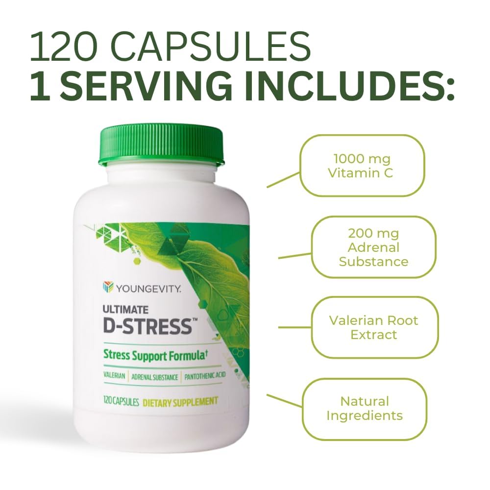 Youngevity Ultimate D-Stress™ – Natural Stress Relief Supplement with Magnesium, Valerian Root Extract, and B Vitamins – Supports Adrenal Health and Nervous System – 120 Capsules (Pack of 1) - TrustMedUSA