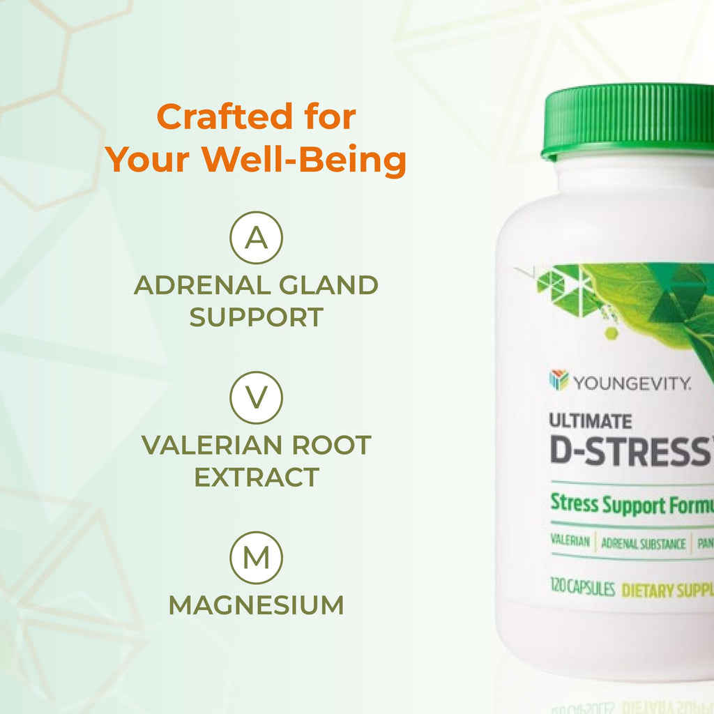 Youngevity Ultimate D-Stress™ – Natural Stress Relief Supplement with Magnesium, Valerian Root Extract, and B Vitamins – Supports Adrenal Health and Nervous System – 120 Capsules - TrustMedUSA