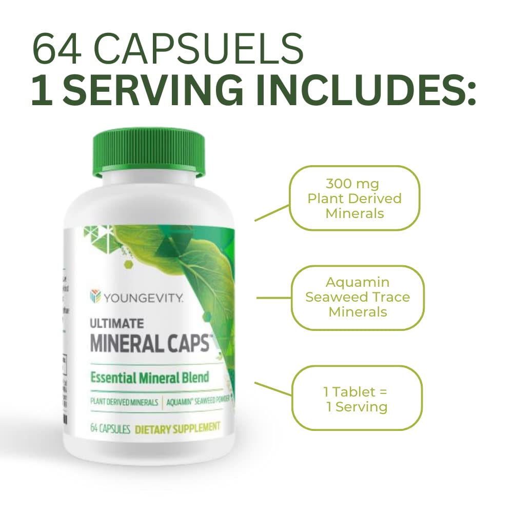 Youngevity Ultimate Mineral Caps™ - 70+ Essential Full Spectrum Trace Minerals - Nutrient-Dense, Derived from Humic & Aquamin Seaweed (64 Capsule) - TrustMedUSA
