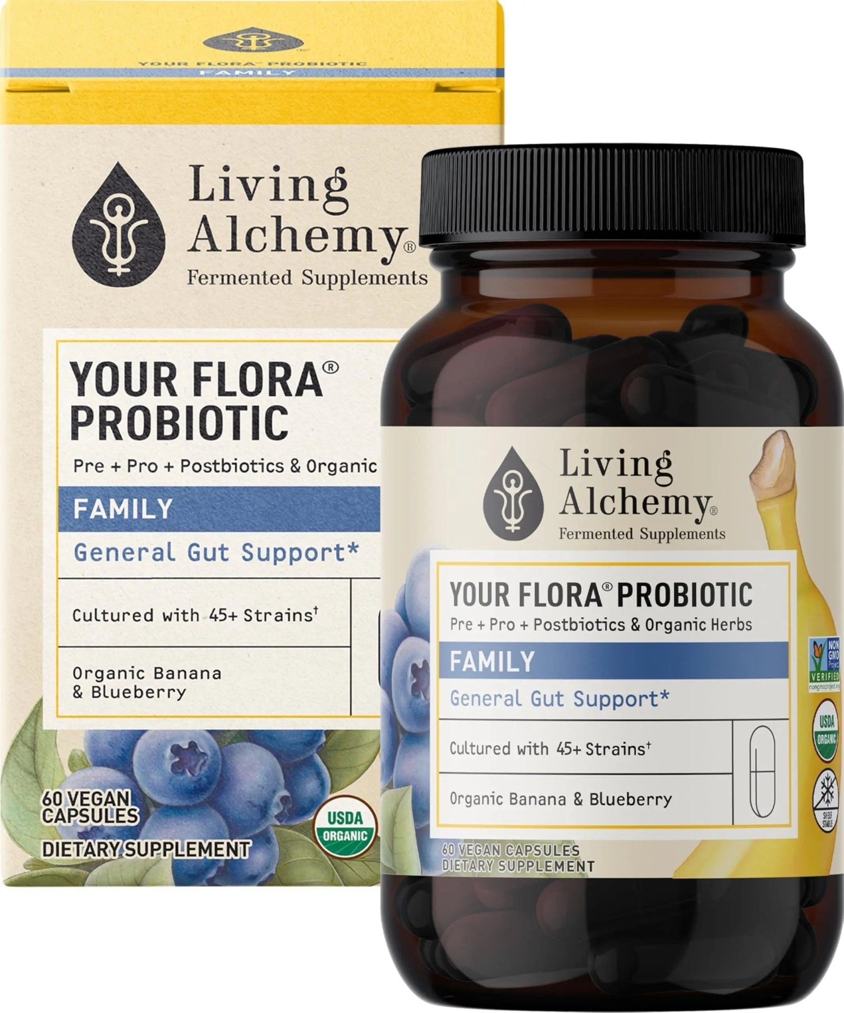 Your Flora Probiotic Family – Non-GMO Probiotics with Fermented Soybean, Banana, & Blueberry for Digestion & Gut Support – Prebiotics, Postbiotics, Digestive Enzymes – Living Alchemy, 60 Capsules - TrustMedUSA