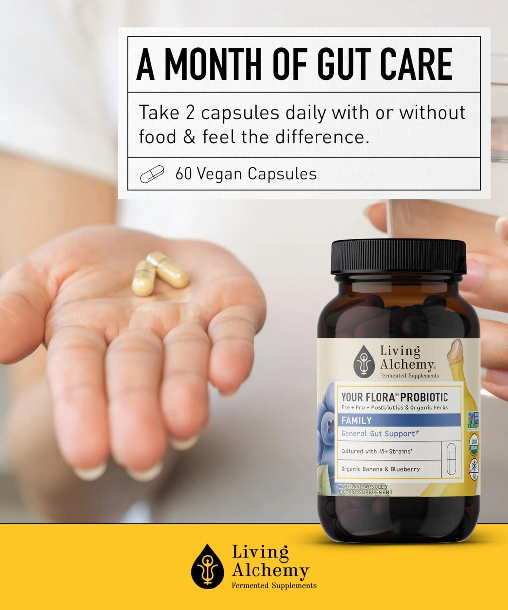 Your Flora Probiotic Family – Non-GMO Probiotics with Fermented Soybean, Banana, & Blueberry for Digestion & Gut Support – Prebiotics, Postbiotics, Digestive Enzymes – Living Alchemy, 60 Capsules - TrustMedUSA
